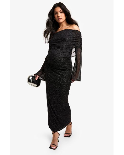 Boohoo Black Maternity Glitter Mesh Deep Bardot Long Sleeve Midaxi Dress
