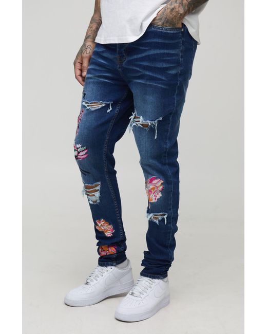 BoohooMAN Blue Tall Floral Embroidered Ripped Stacked Skinny Jeans for men