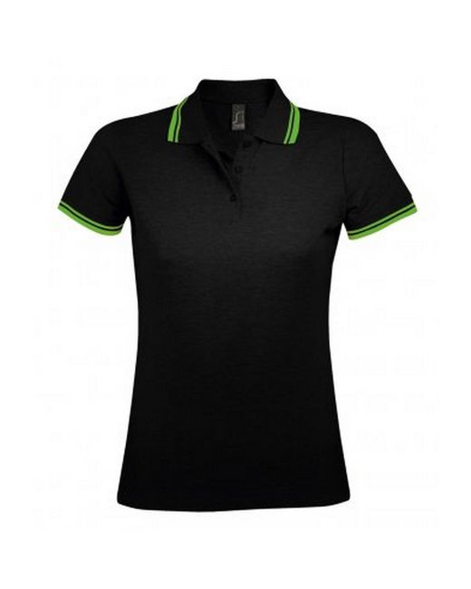 Sol's Black Ladies Pasadena Tipped Short Sleeve Pique Polo Shirt /Lime) Cotton
