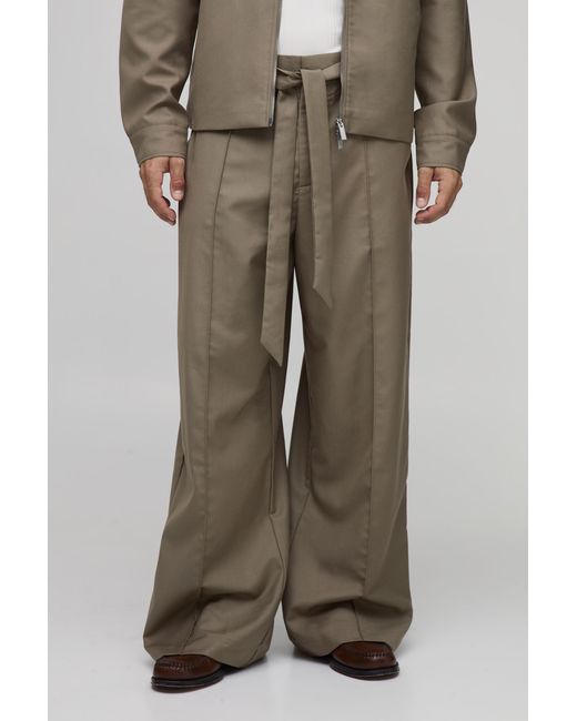 BoohooMAN Brown Wide Fit Tailored Pintuck Co-Ord Trousers for men