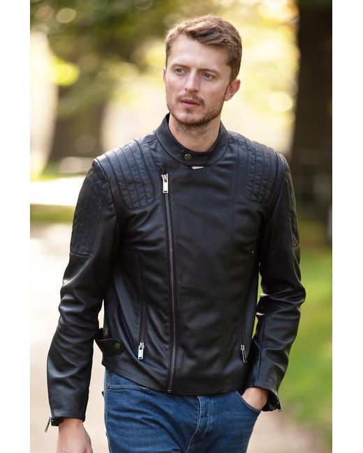 Ashwood Leather Blue 'Filippo' Cross Zip Biker Jacket for men