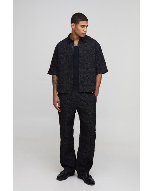 BoohooMAN Blue Puff Textured Floral Half Sleeve Boxy Shirt for men