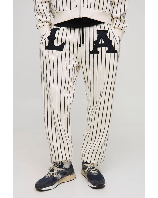 BoohooMAN Black Relaxed La Applique Pinstripe Sweatpants for men