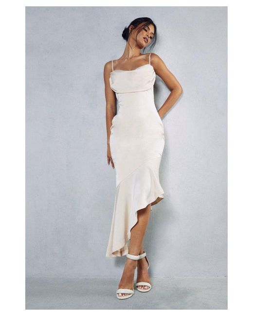 MissPap White Premium Satin Draped Bust Frill Hem Midi Dress