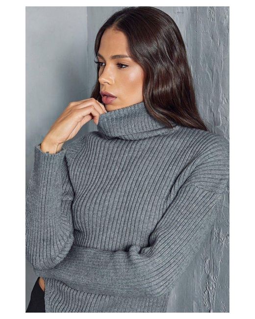 MissPap Gray Knitted Ribbed Cut Out Detail Jumper
