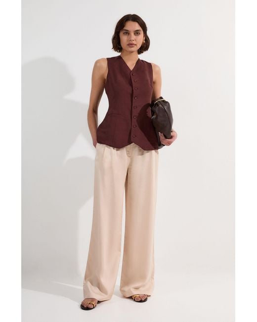 Karen Millen Natural Premium Linen Wide Leg Tailored Trouser