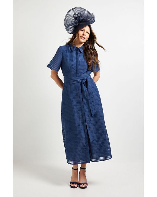 Wallis Blue Check Organza Belted Midi Shirt Dress