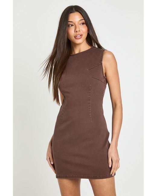 Boohoo Brown Basic Denim Shift Dress