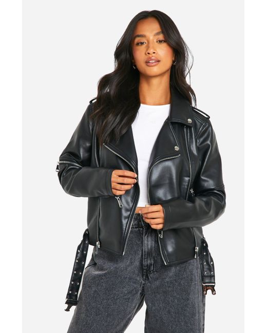 Boohoo Black Petite Belt Detail Faux Leather Biker Jacket