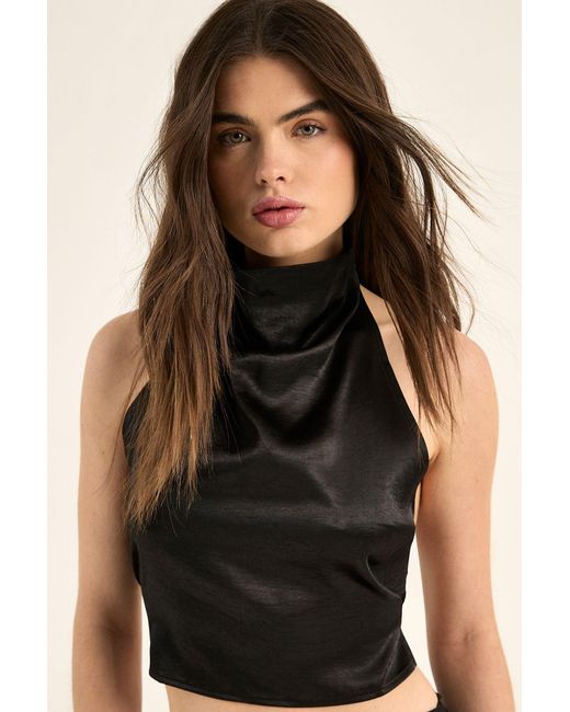 Nasty Gal Black Satin High Neck Cowl Strappy Buckle Back Crop Top