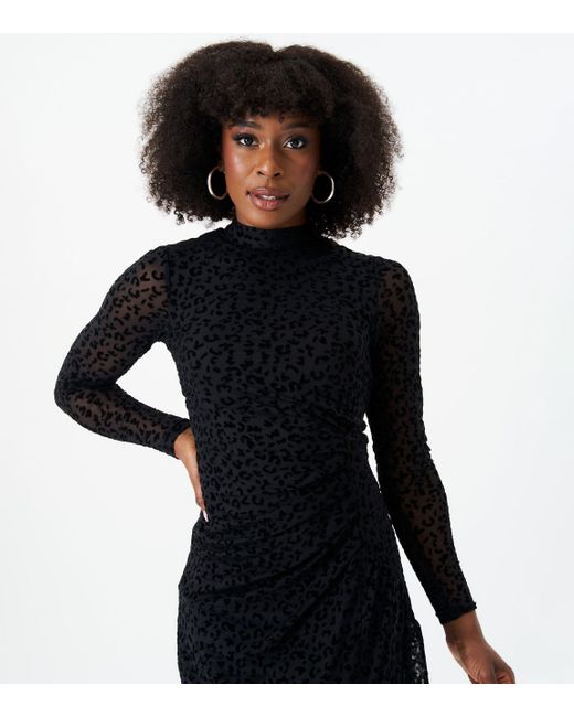 Gini London Zwarte Animal Devore Midi-jurk Met Hoge Hals in het Black