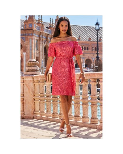 Sosandar Red Coral Sequin Bardot Belted Shift Dress