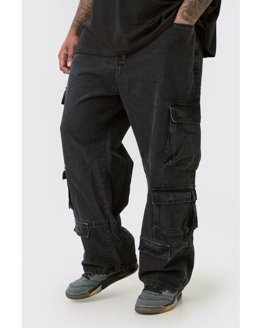 BoohooMAN Black Plus Relaxed Fit Acid Wash Cargo Jeans for men