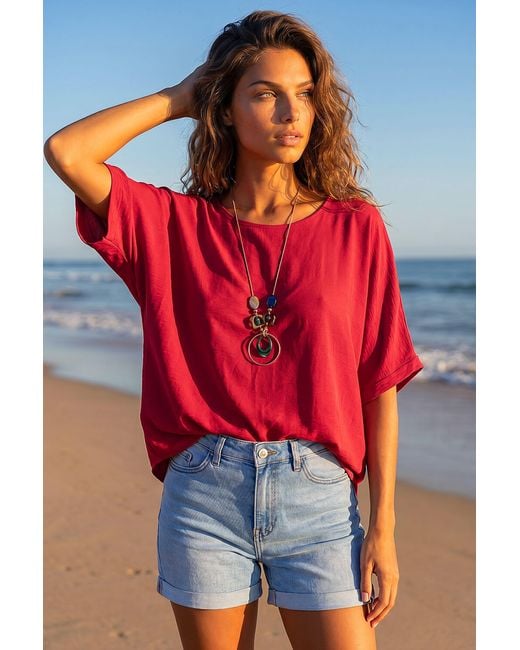 Roman Red Plain Tunic Top With Necklace