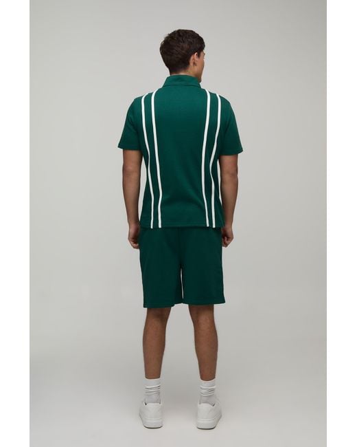 BoohooMAN Green Regular Fit Zip Up Stripe Polo & Jersey Short Set for men