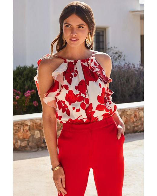 Sosandar Red Ivory & Floral Print Frill Detail Satin Top
