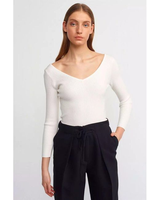 Hiccup White V Neck Ribbed Basic Sweater
