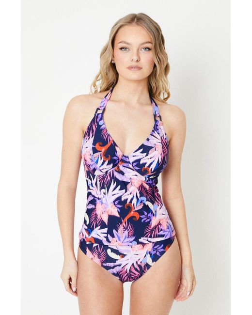 Gorgeous Purple Arianna Palm Non Pad Plunge Tankini Top