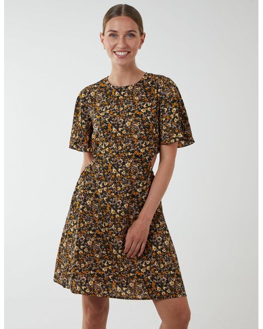 Blue Vanilla Brown Floral Print Crew Neck Dress