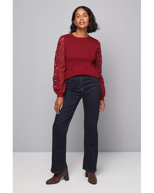 Wallis Red Lace Detail Woven Sleeve Jumper