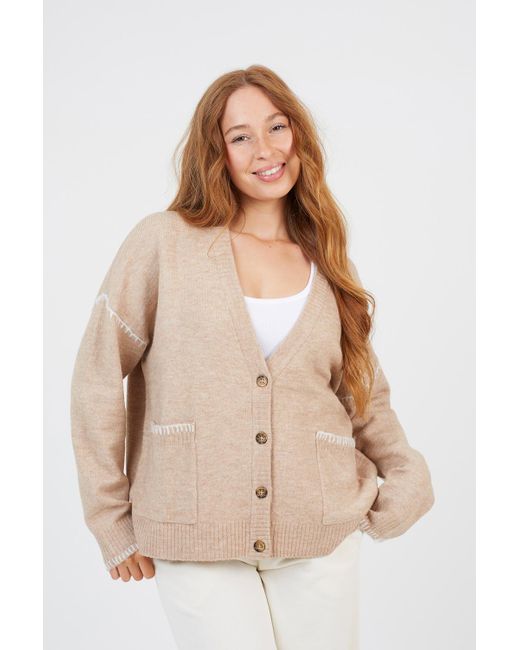 Brave Soul Natural Contrast Stitch Button Through V-Neck Cardigan