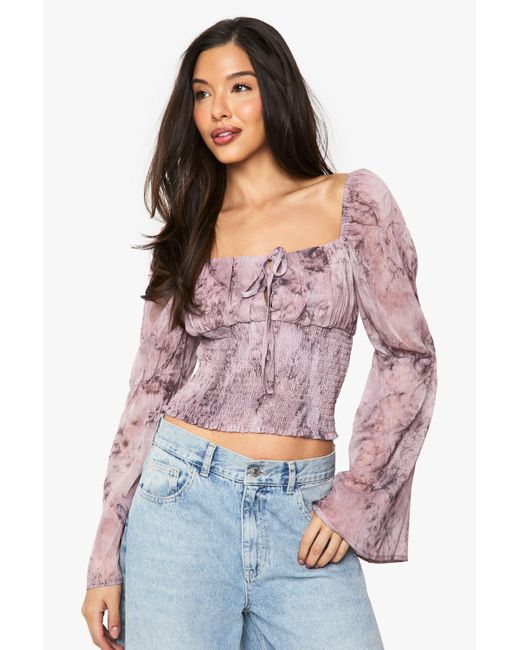 Boohoo White Floral Chiffon Tie Front Shirred Blouse