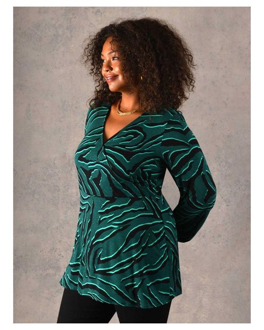 Live Unlimited Green Zebra Print Jersey Wrap Top