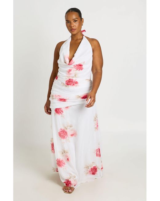Boohoo White Plus Halterneck Ruched Detail Chiffon Maxi Dress