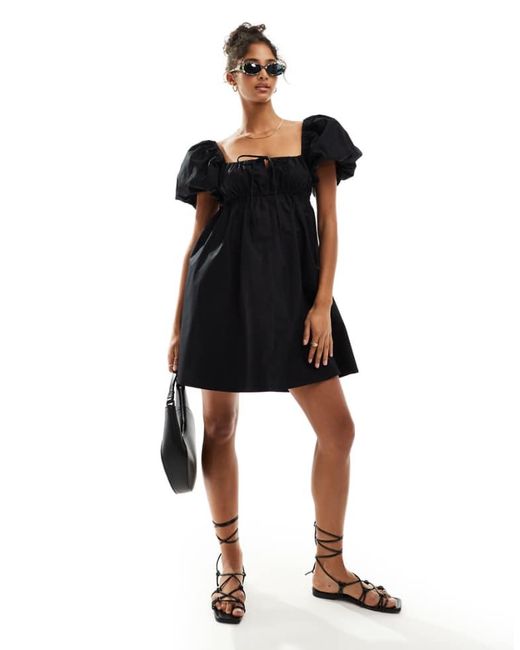 ASOS Black Puffed Sleeve Smock Mini Dress