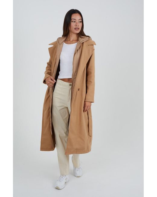 Brave Soul Natural Faux Wool Maxi Hooded Trench Coat
