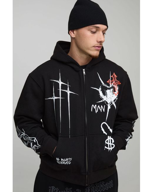 BoohooMAN Black Oversized Boxy Graffiti Tattoo Printed Zip Through Hoodie Cotton for men