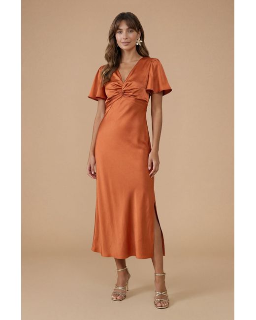Oasis Brown Satin Twist Front Angel Sleeve Midi Bridesmaid Dress