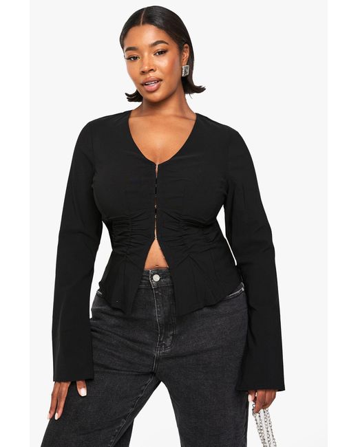 Boohoo Black Plus Ruched And Hook And Eye Top