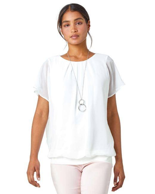 Roman White Chiffon Jersey Blouson Top With Necklace