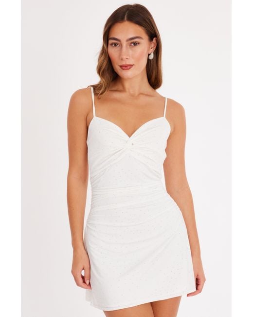 Quiz White Diamante Knot Front Mini Dress