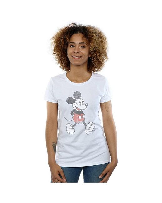Disney White Ladies Walking Mickey Mouse Cotton T-Shirt ()