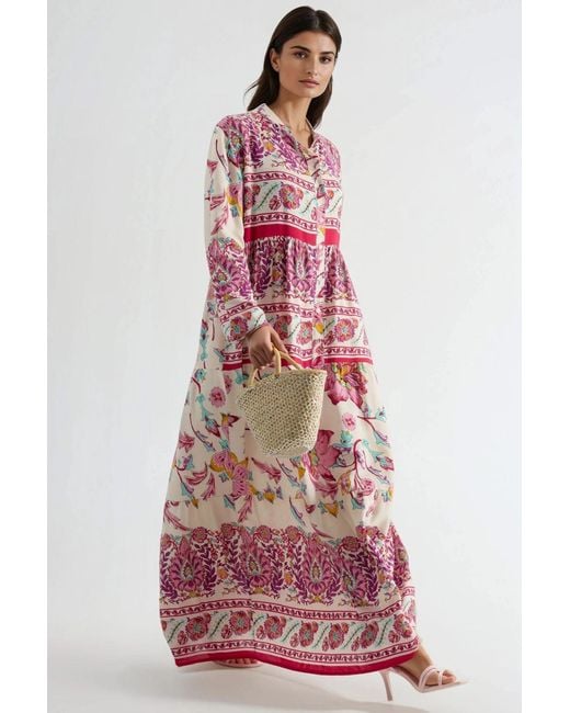 Hiccup Red Patterned V-Neck Maxi Dress With Button Closure