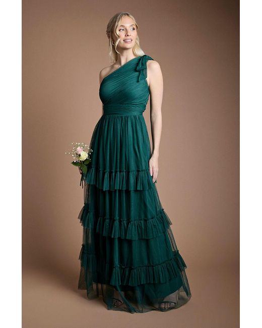 Oasis Blue By Coast Pleated Mesh One Shoulder Tiered Maxi Bridesmaid Dress