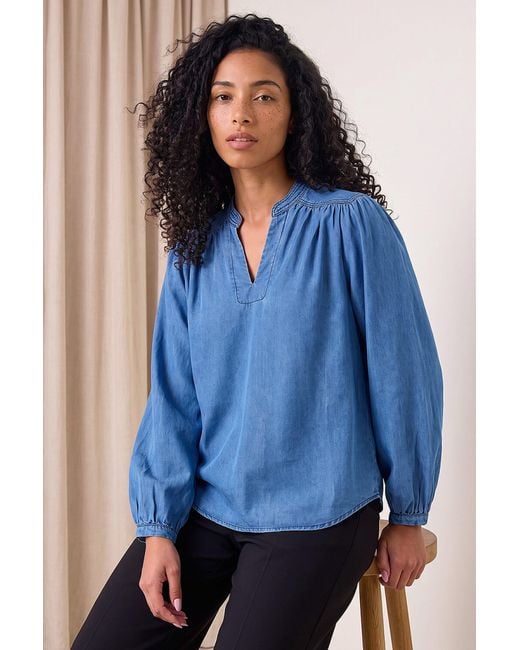 Roman Blue V-Neck Gathered Top