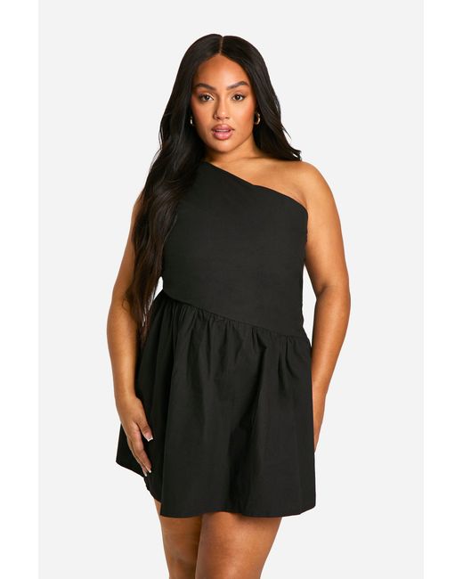 Boohoo Black Plus One Shoulder Cut Out Skater Dress