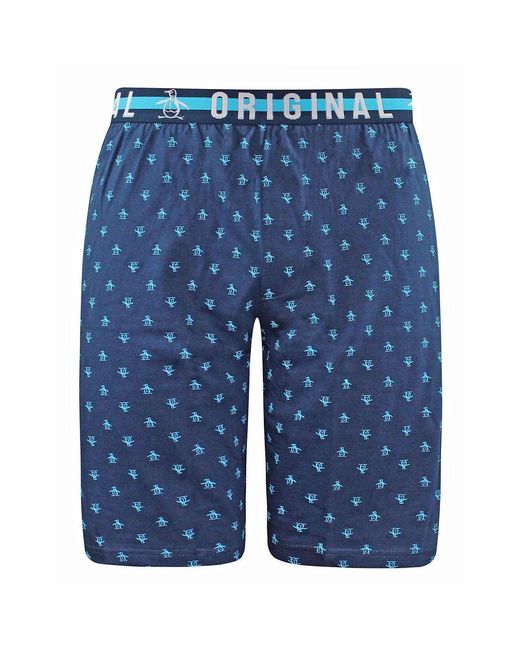 Original Penguin Blue Stretch Waist Aop Printed Lounge Shorts Mlhpe820 Cotton for men