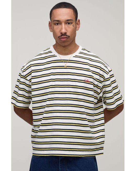 BoohooMAN Red Oversized Boxy Stripe No Stylists Slogan Print T-Shirt for men
