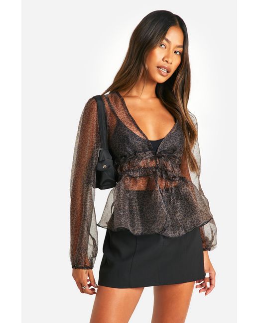 Boohoo Black Micro Leopard Print Puff-Sleeve Blouse