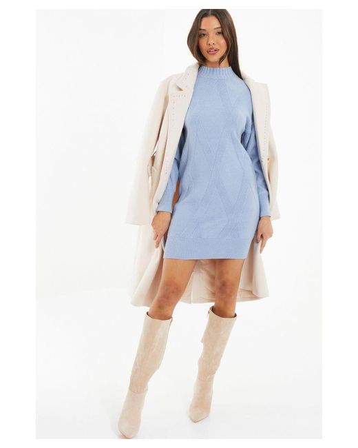 Quiz Blue Cable Knitted Jumper Mini Dress Viscose