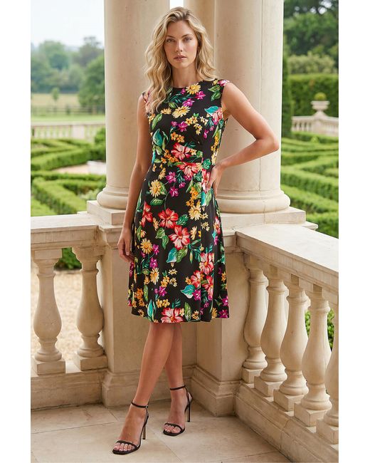 Roman Black Floral Print Gathered Stretch Midi Dress