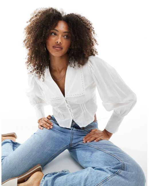 Pimkie White Square Collar Lace Trim Button Through Blouse