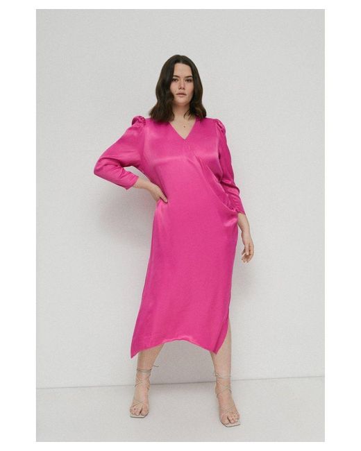 Warehouse Pink Plus Size Satin Long Sleeve Wrap Midi Slip Dress