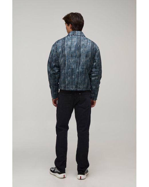 BoohooMAN Blue Boxy Fit Distressed Check Harrington Jacket for men