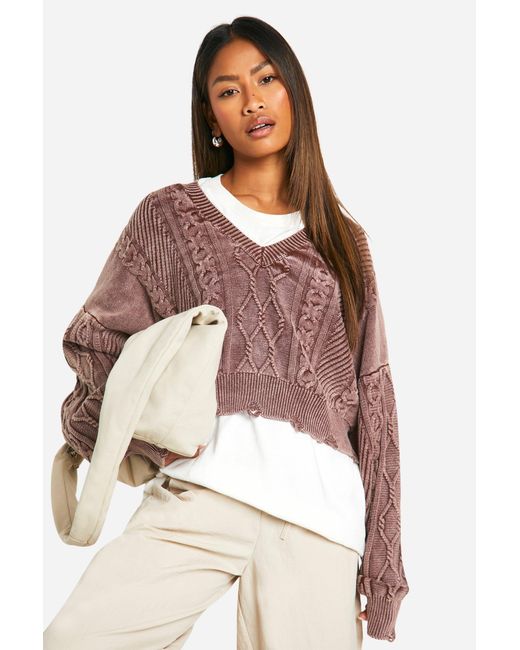 Boohoo Purple Acid Wash Distressed Hem Slouchy Cable Sweater