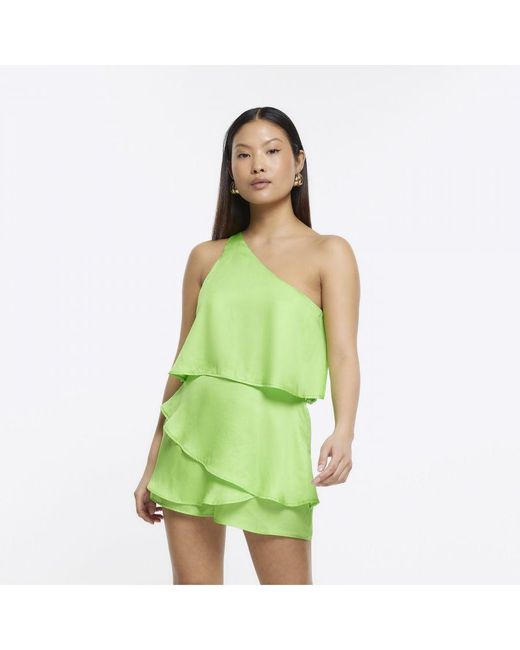 River Island Green Playsuit Petite One Shoulder Tiered